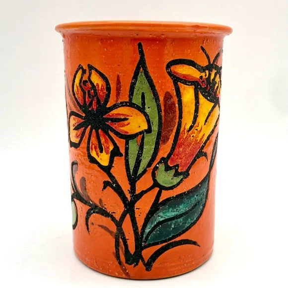 Italian Pottery Wine Crock Vase Atomic Orange Textured Lava Lily Flower Italy